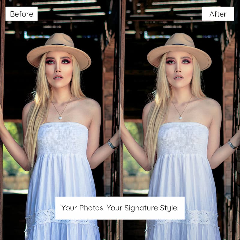 Before and after comparison of a woman wearing a light blue dress and beige hat edited with Vintage Film Preset Collection.