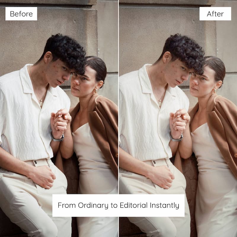 Before and after comparison of a couple sitting together edited with Vintage Film Preset Collection.