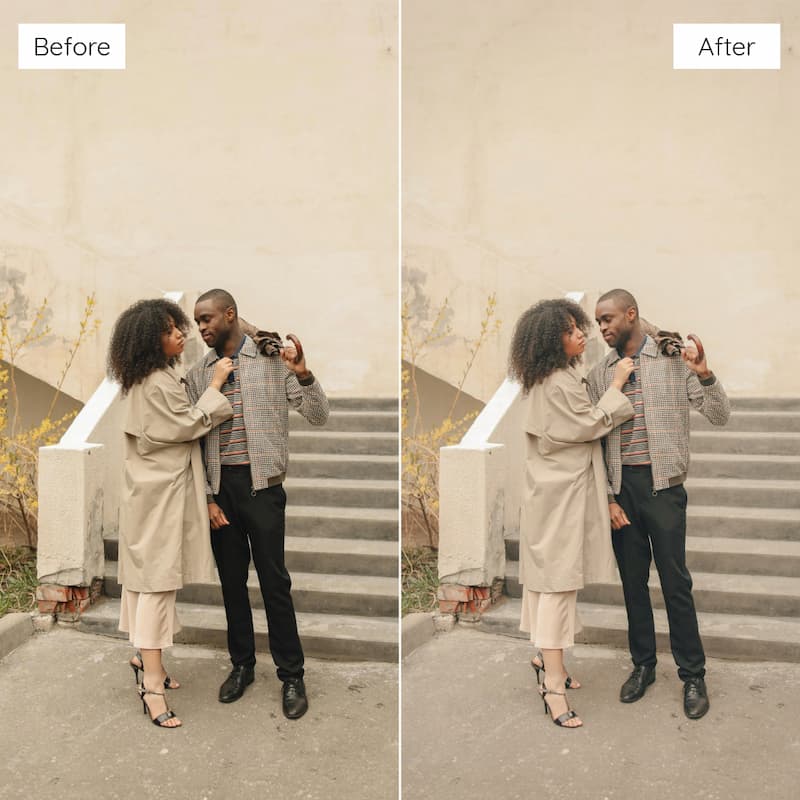 Before and after comparison of a couple on steps with enhanced lighting and clarity edited with Vintage Film Look Video LUTs.