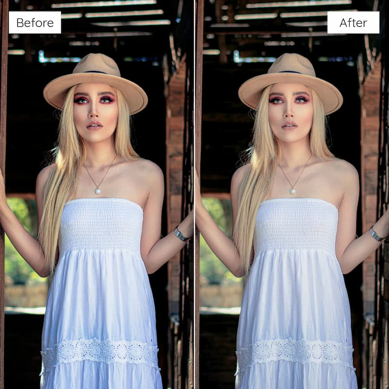 Before and after comparison of a woman wearing a light blue dress and beige hat edited with Vintage Film Look Video LUTs.