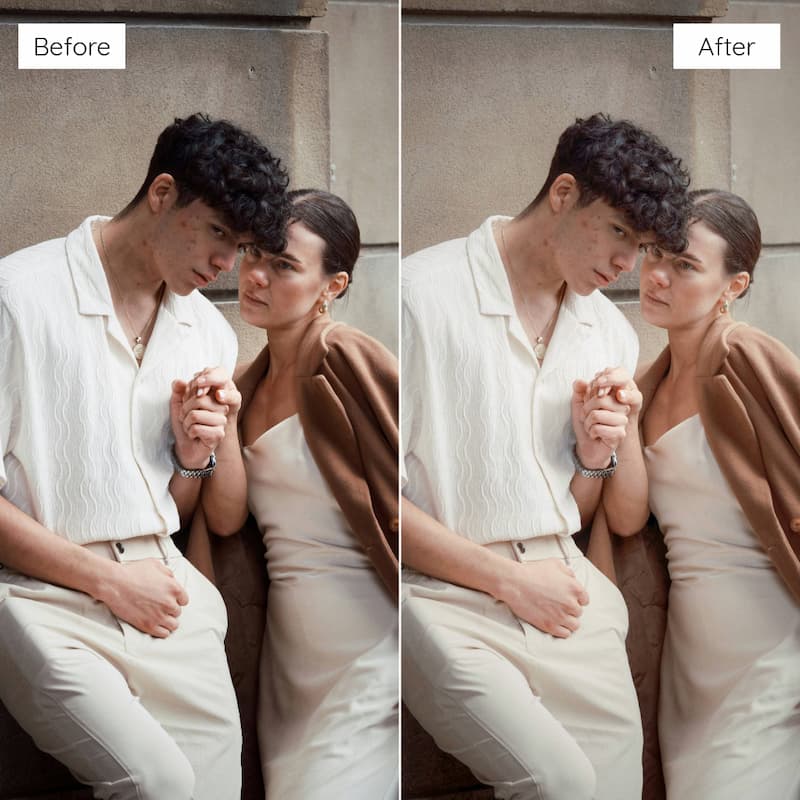 Before and after comparison of a couple sitting together with a neutral background edited with Vintage Film Look Video LUTs.