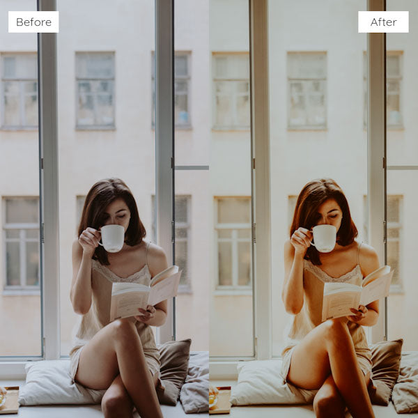 Before and after using Lightroom Presets to achieve a bright and airy effect in photography.