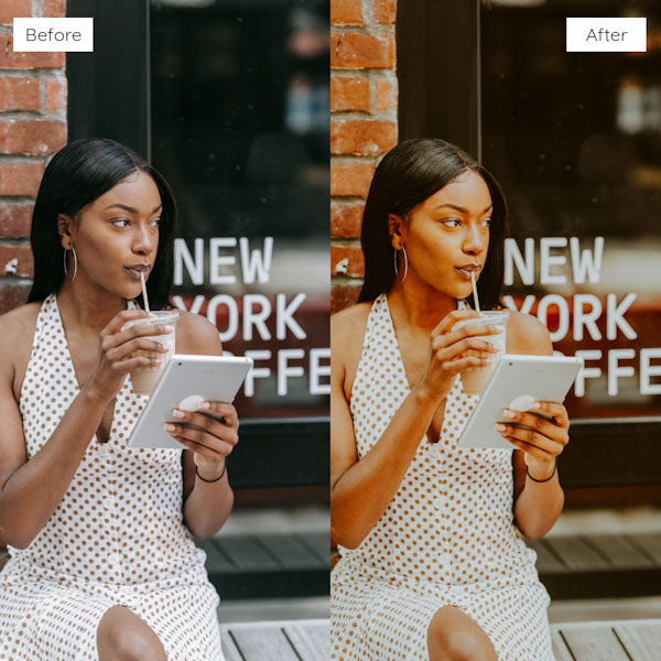 Before and after using Lightroom Presets for enhancing natural light and shadows in photos.