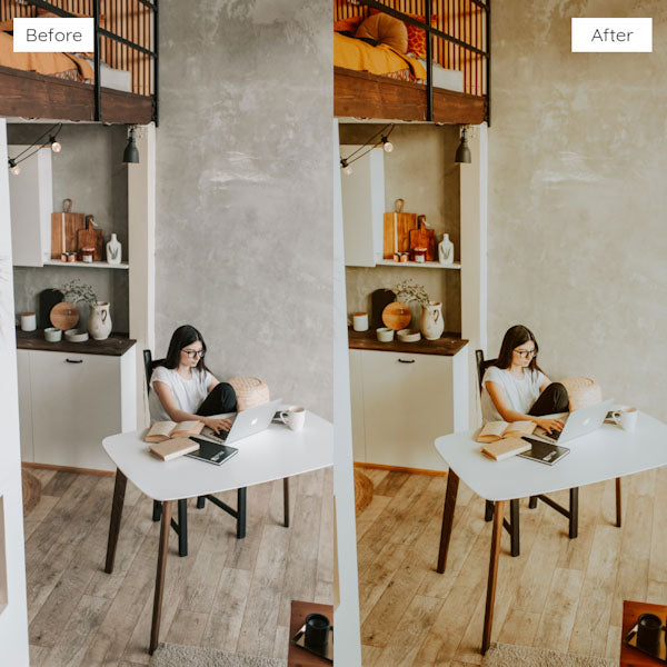 Before and after using Lightroom Presets for sharpening details and intensifying colors in photos.