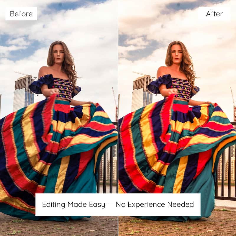 Before and after comparison of a woman in a colorful dress with a cityscape background, Edited With Warm Peach Lightroom Preset