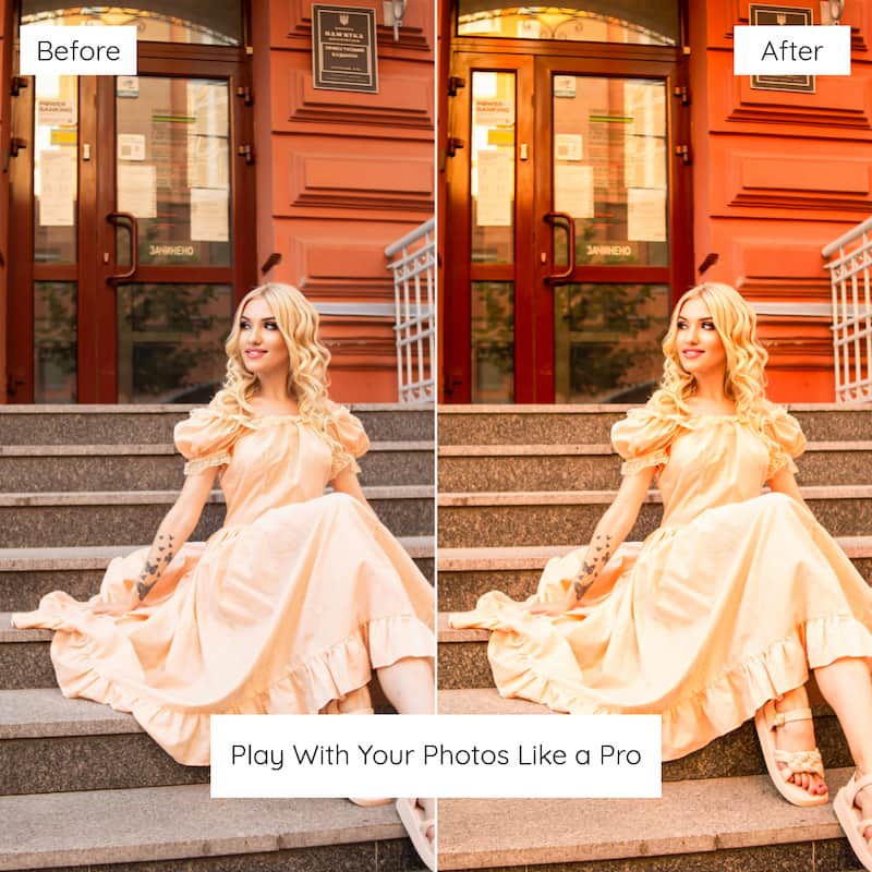 Before and after comparison of a woman in a peach dress sitting on steps with a building in the background, Edited With Warm Peach Lightroom Presets