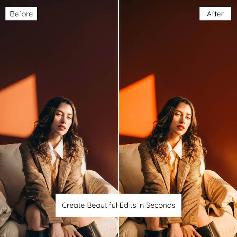 Before and after comparison of a woman sitting on a couch Edited With Warm Peach Lightroom Presets