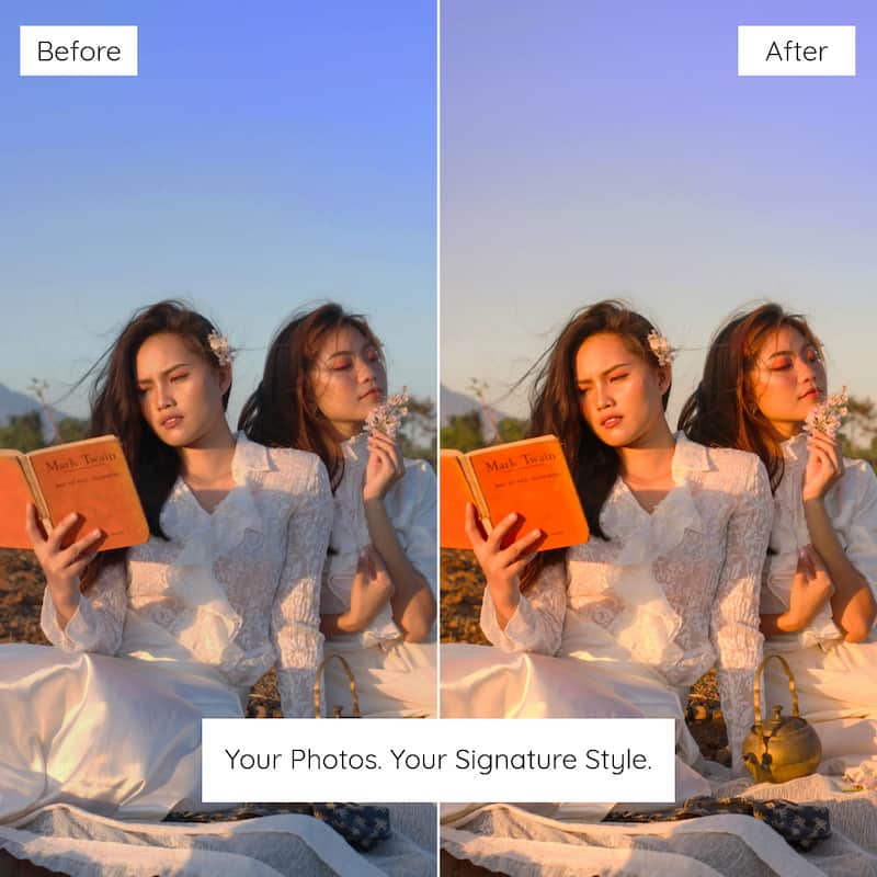 Before and after comparison of a photo editing effect on a woman reading a book outdoors, Enhanced With Warm Peach Lightroom Preset