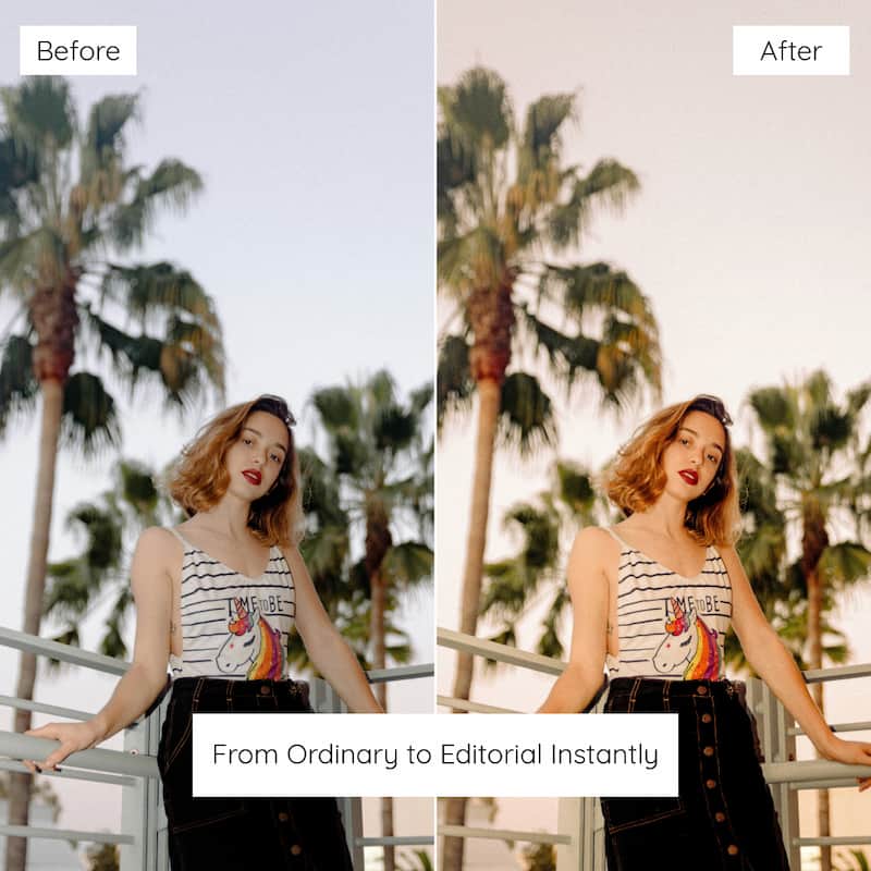 Before and after comparison of a woman with palm trees in the background, Enhanced With Warm Peach Lightroom Presets