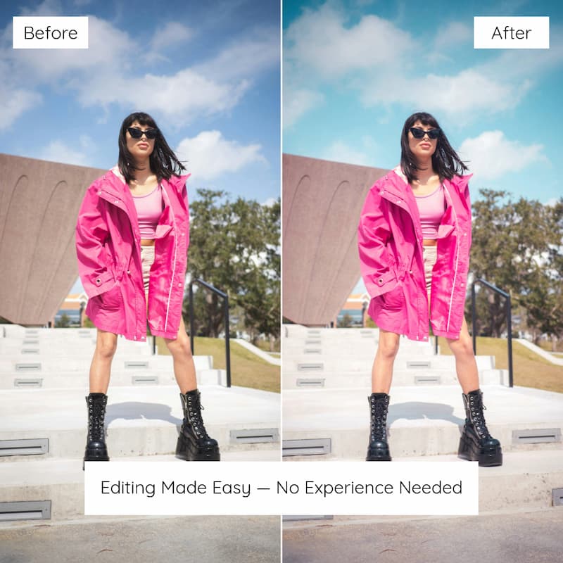 Before and after comparison of a person in a pink outfit edited with Y2K Film Look Preset Collection.