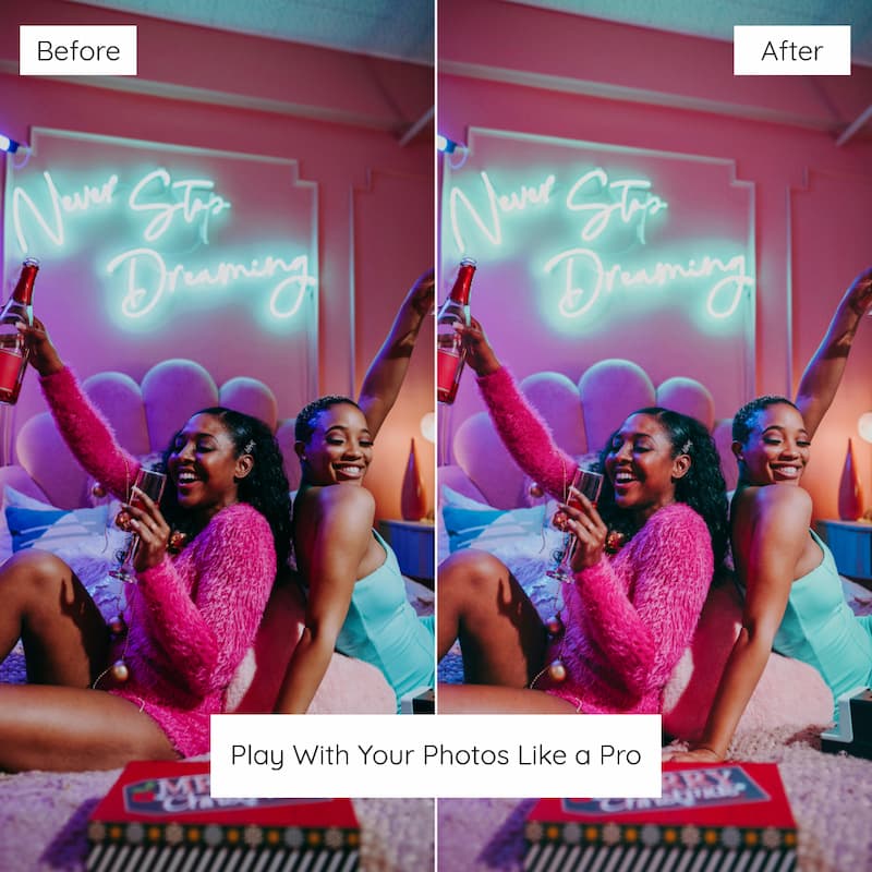 Before and after comparison of two women in a room with a neon sign edited with Y2K Film Look Preset Collection.