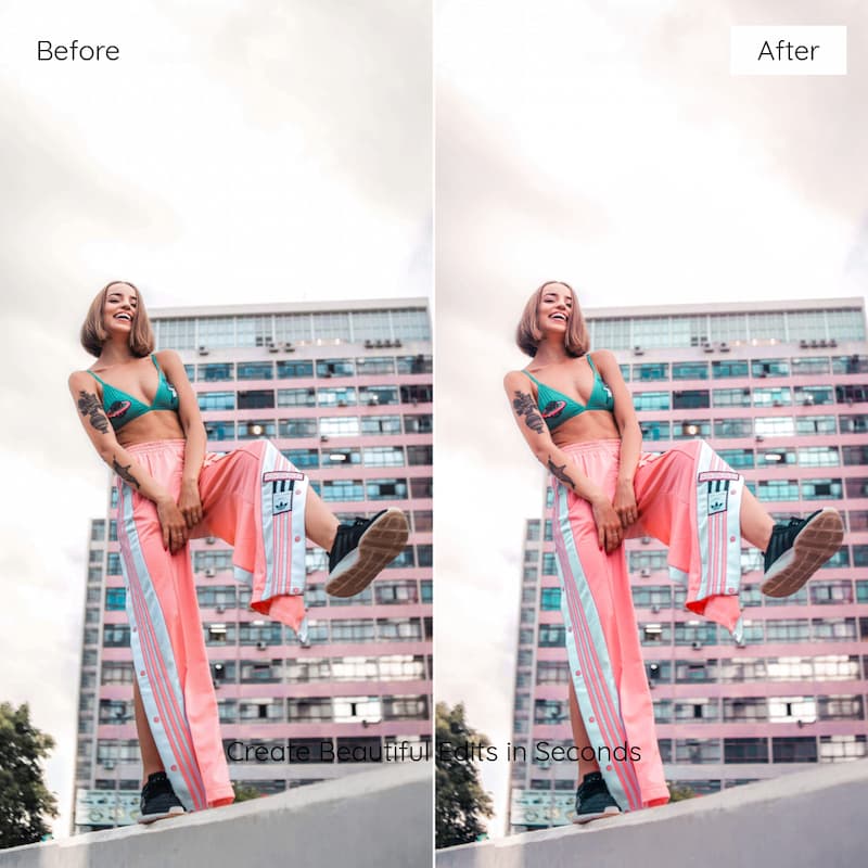 Before and after comparison of a woman posing on a bridge with urban architecture in the background edited with Y2K Film Look Video LUTs.