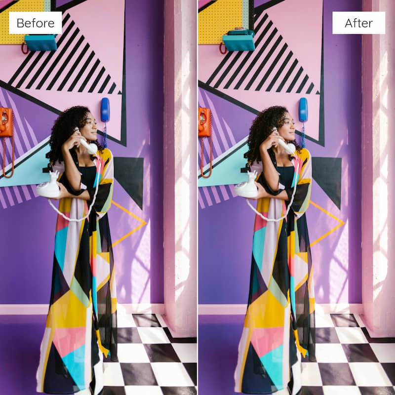 Before and after comparison of a woman in a colorful dress against a geometrically patterned wall edited with Y2K Film Look Video LUTs.