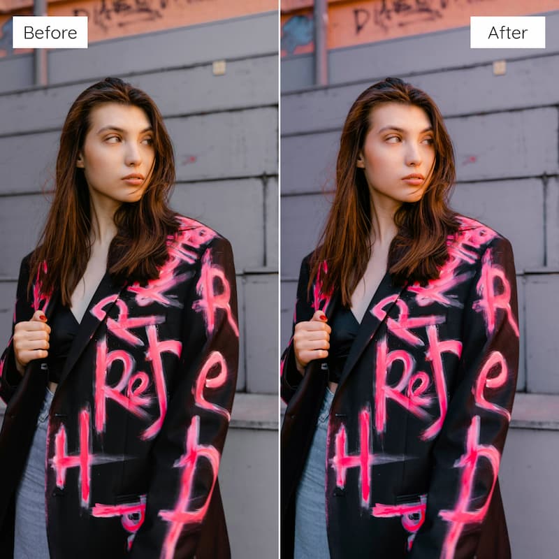 Before and after comparison of a woman wearing a jacket with pink text against a gray wall edited with Y2K Film Look Video LUTs.