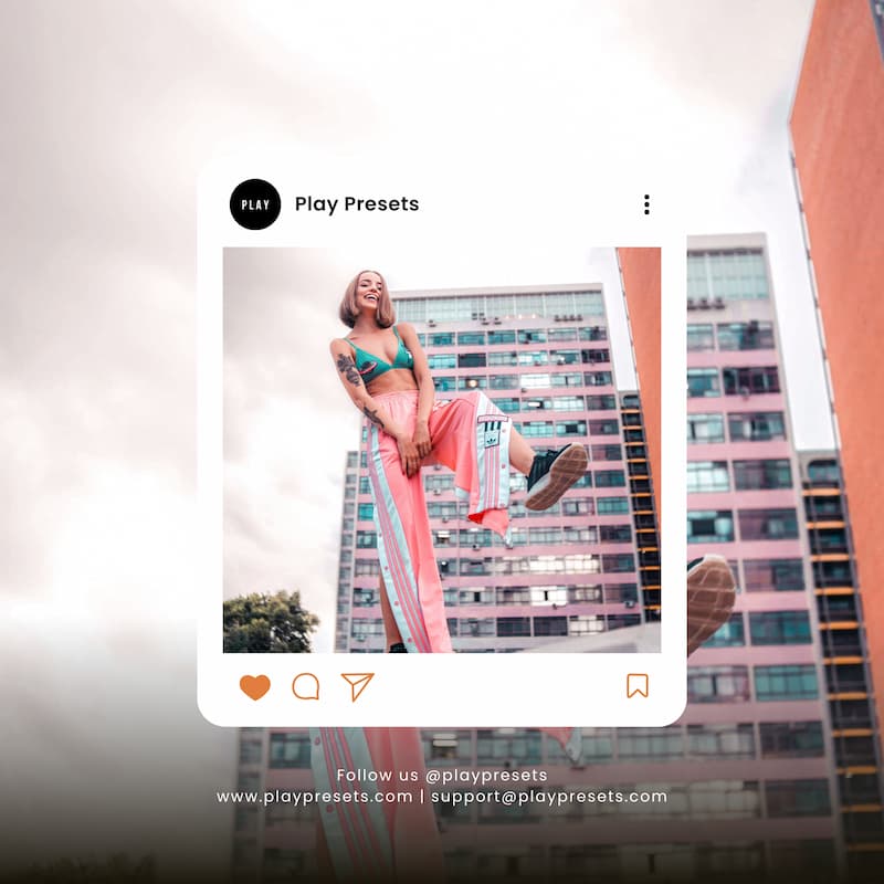Person in colorful outfit against a cityscape edited with Y2K Film Look Video LUTs.