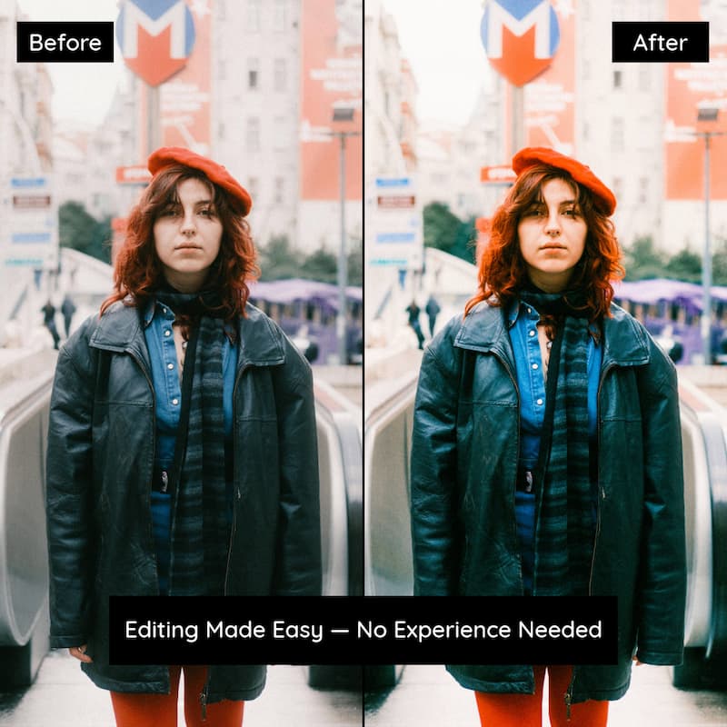 Before and after photo edited with Agfa Vista Lightroom Presets showing bold red tones and strong film-inspired colors