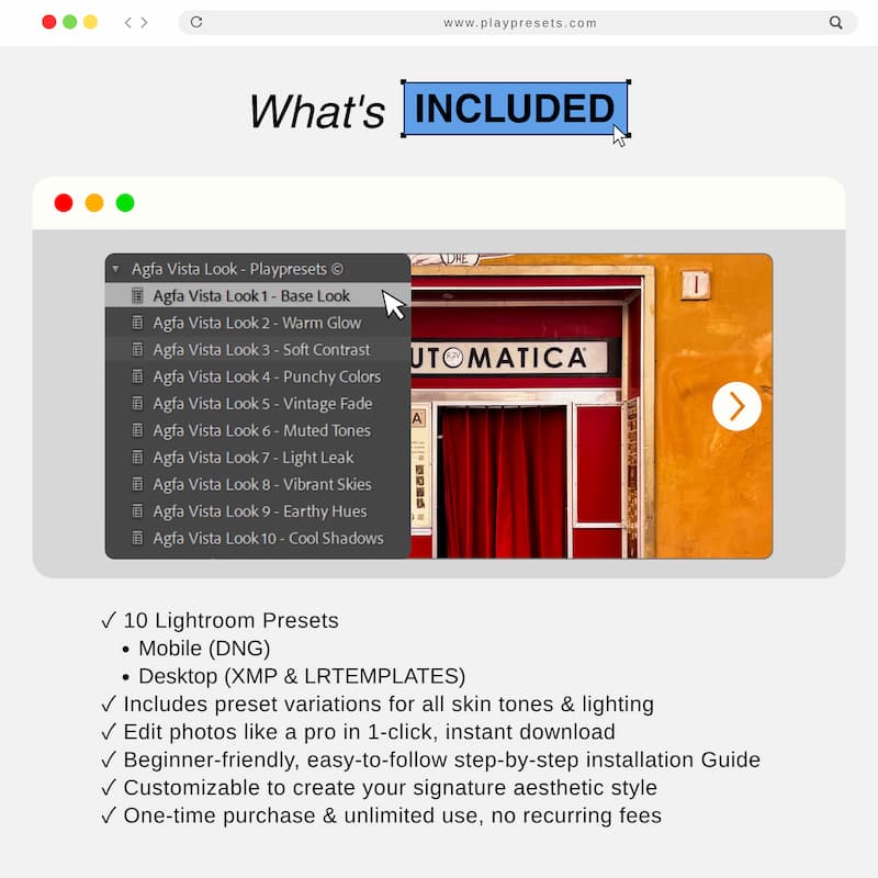 What’s included in Agfa Vista Lightroom Presets collection showing preset files and variations for mobile and desktop