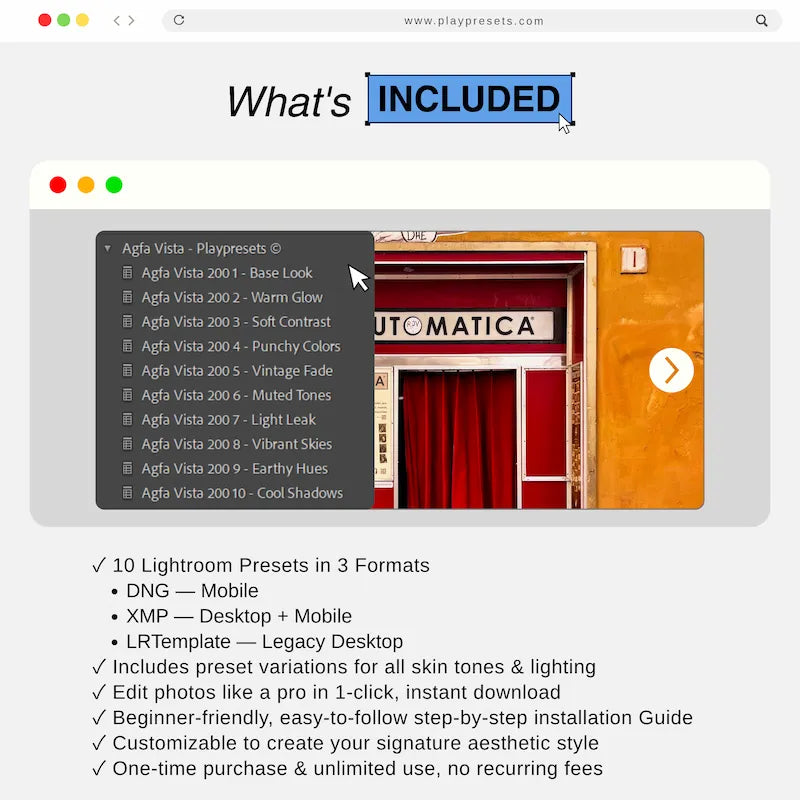 What’s included in Agfa Vista Lightroom Presets collection showing preset files and variations for mobile and desktop