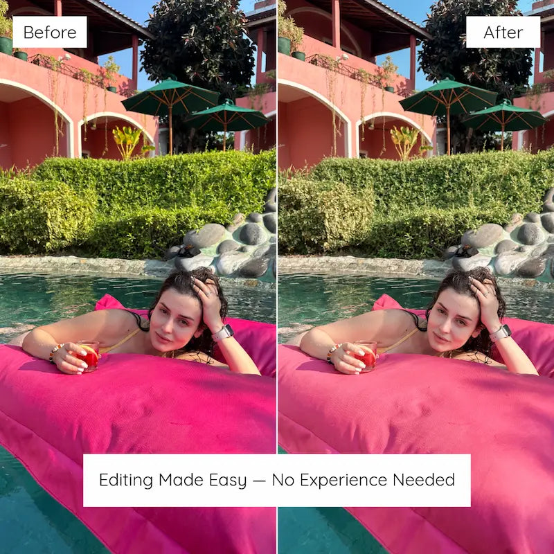 Before and after Bali resort photo edited with Bali Lightroom presets showing warm tropical tones, lush greens, and bright natural color