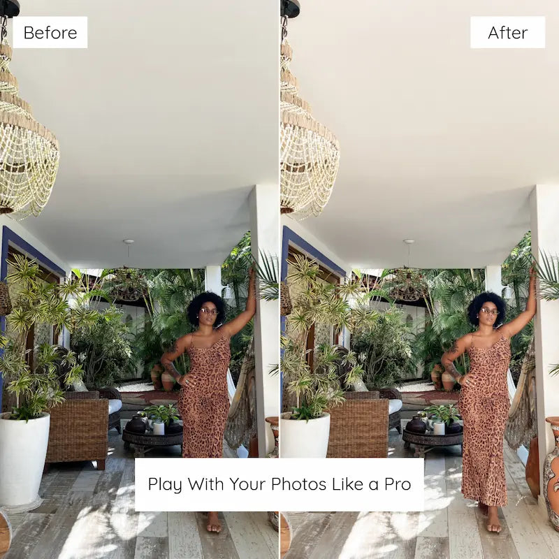 Before and after Bali villa lifestyle photo edited with Bali Lightroom presets featuring clean whites, soft greens, and natural skin tones