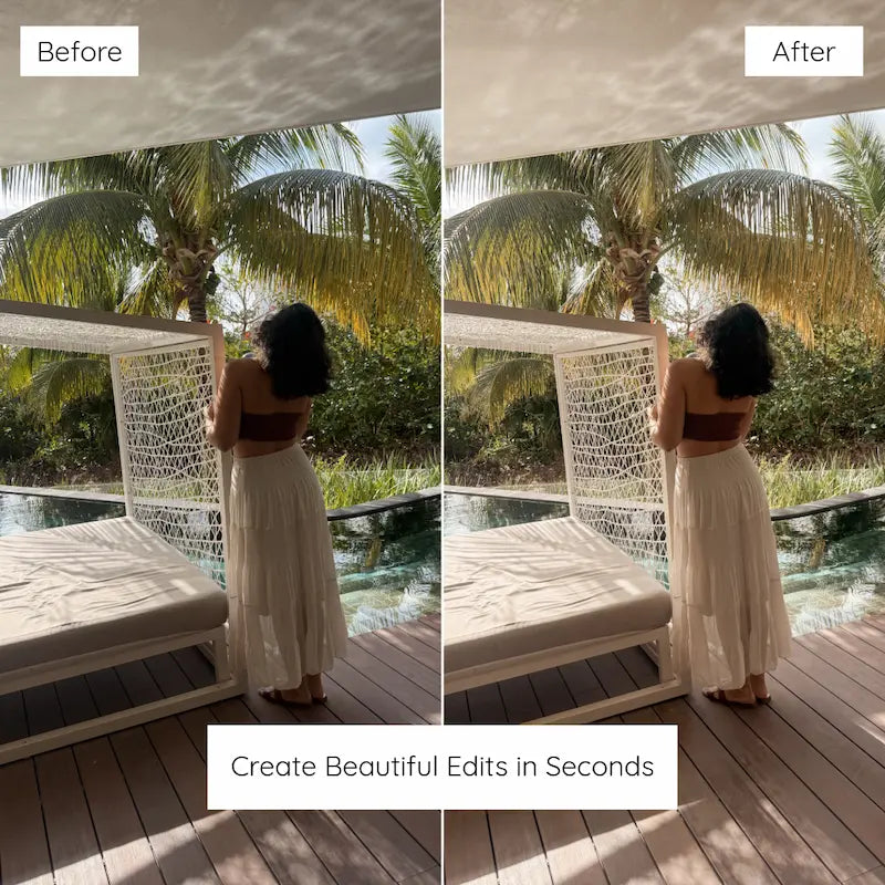 Before and after tropical resort portrait edited with Bali Lightroom presets showing warm island light, clean whites, and lush palm tones
