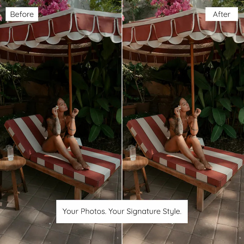 Before and after Bali resort lifestyle photo edited with Bali Lightroom presets featuring warm skin tones, soft greens, and rich tropical color