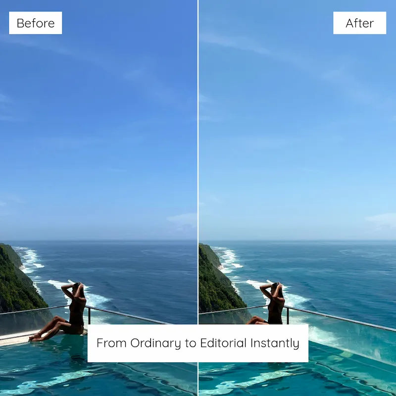 Before and after infinity pool photo edited with Bali Lightroom presets showing turquoise water, blue skies, and vibrant island scenery