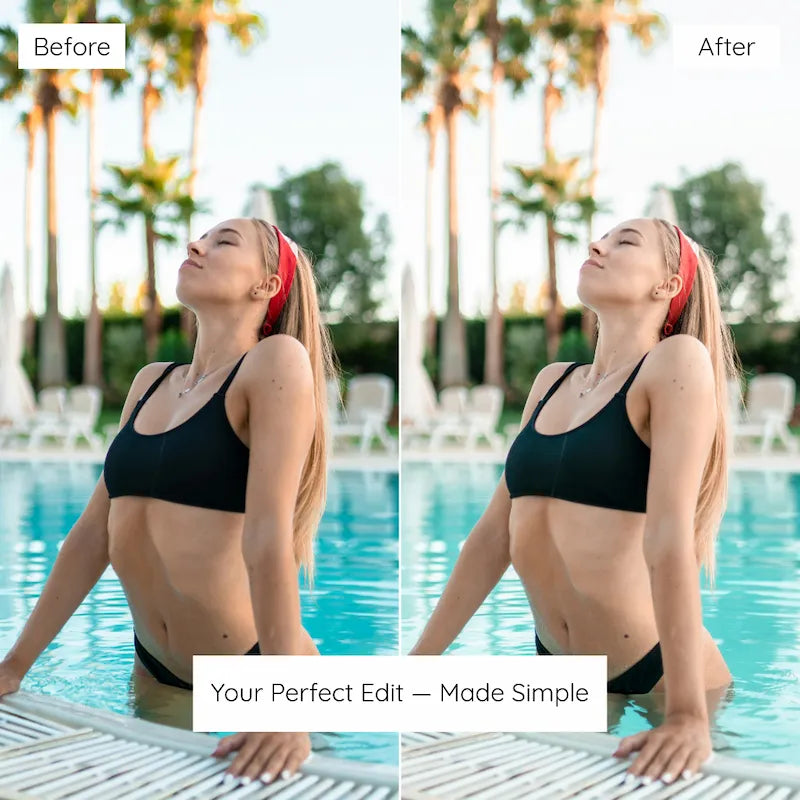 Before and after poolside portrait edited with Bali Lightroom presets featuring natural skin tones, turquoise water, and bright tropical light