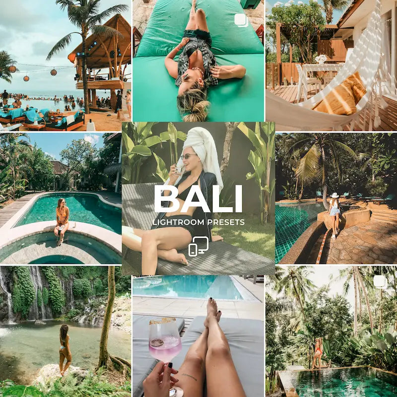Bali Lightroom presets cover showing tropical resorts, turquoise pools, lush greenery, lifestyle portraits, and warm island tones