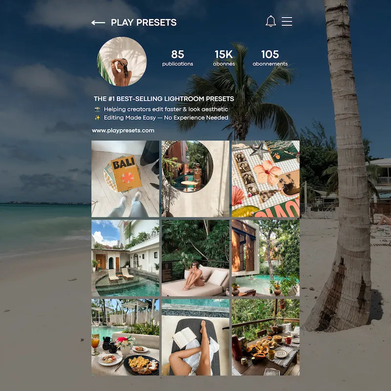 Instagram feed preview edited with Bali Lightroom presets showing cohesive tropical travel, resort, food, and lifestyle photography