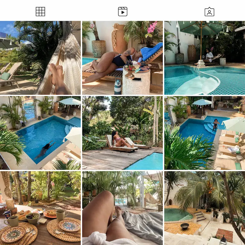 Photo grid preview edited with Bali Lightroom presets showing cohesive villas, pools, tropical greenery, food, and resort lifestyle scenes
