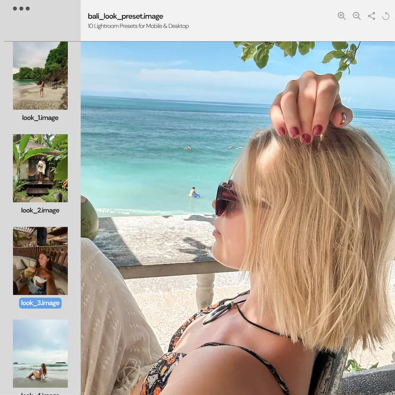 Bali Lightroom preset variations preview showing a beach portrait with turquoise water, natural skin tones, and bright tropical color