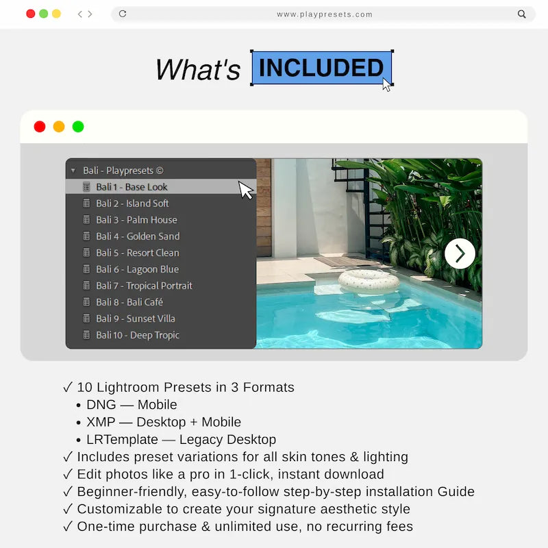 What’s included in Bali Lightroom presets collection showing 10 presets and files for mobile and desktop