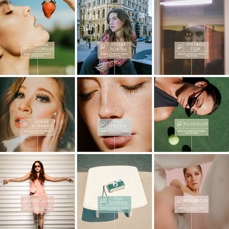 These presets are inspired by real 35mm film stocks, vintage aesthetics, and analog tones, giving you effortless retro vibes in one click.