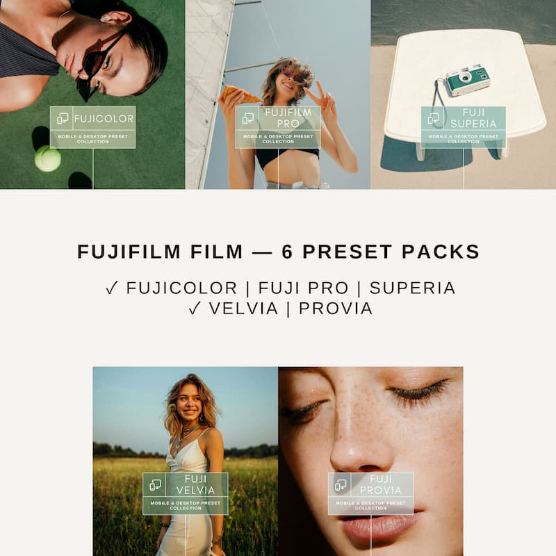 Fujifilm film preset packs with various scenes and product shots.