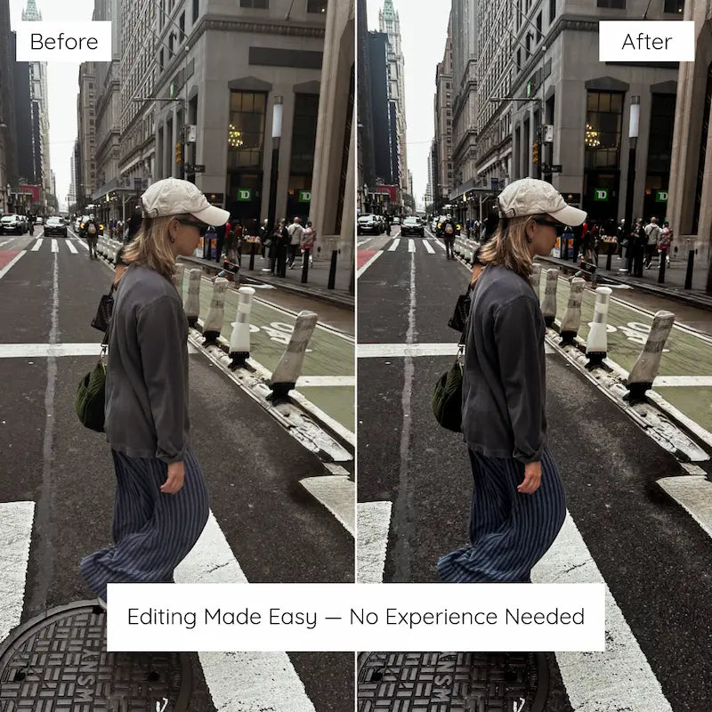 Before and after street fashion photo edited with Blogger Lightroom presets showing moody contrast and cool urban tones