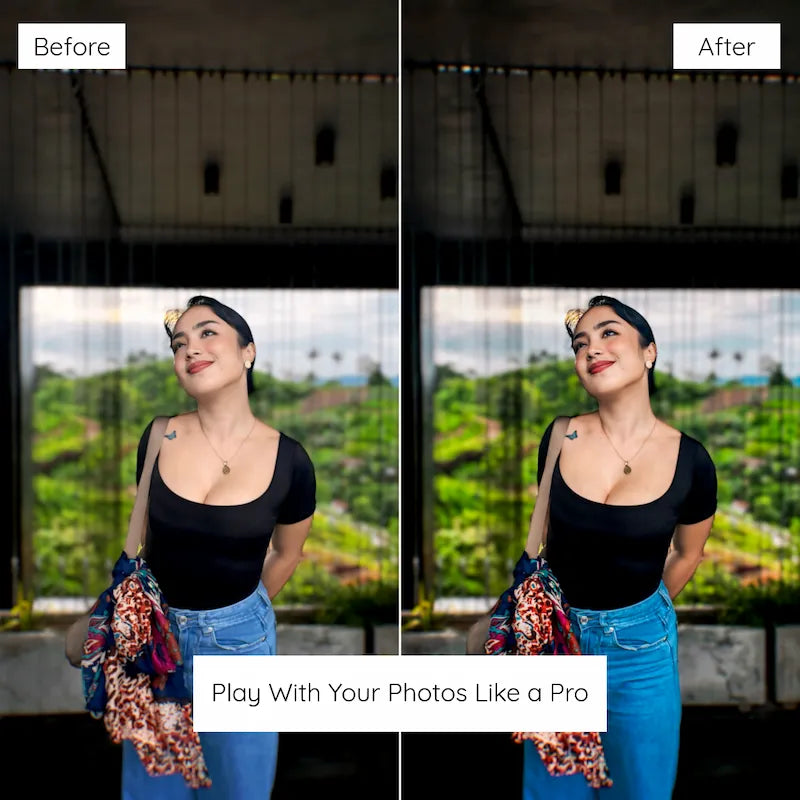 Before and after city portrait edited with Blogger Lightroom presets featuring rich shadows and natural-looking skin tones