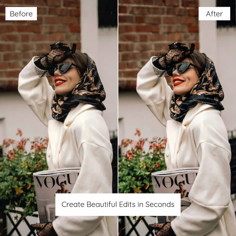 Before and after fashion portrait edited with Blogger Lightroom presets creating a polished editorial look with moody urban contrast