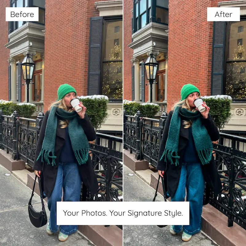 Before and after street style photo edited with Blogger Lightroom presets featuring cool city tones and deep balanced shadows