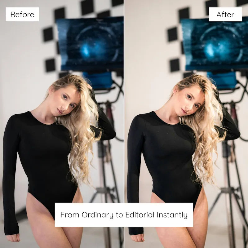 Before and after editorial portrait edited with Blogger Lightroom presets showing dramatic contrast and a modern fashion aesthetic