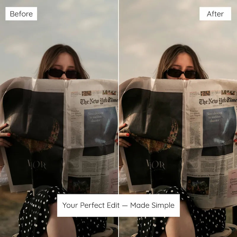 Before and after lifestyle photo edited with Blogger Lightroom presets creating rich dark tones and a sophisticated editorial mood