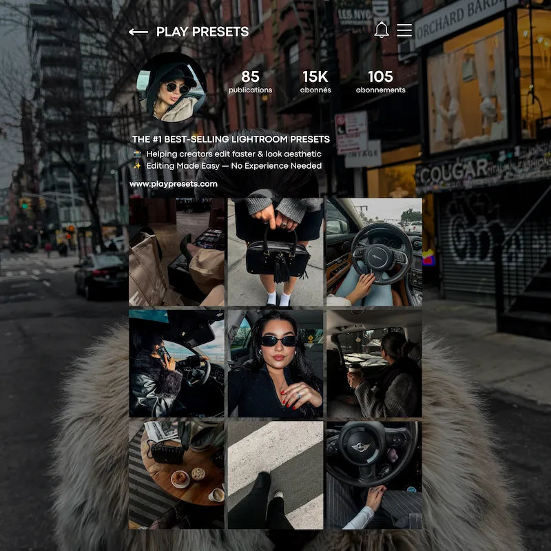 Instagram feed preview edited with Blogger Lightroom presets showing a cohesive moody urban fashion and lifestyle aesthetic