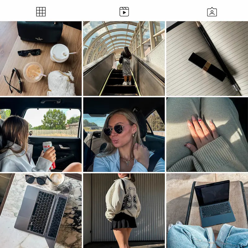 Photo grid preview edited with Blogger Lightroom presets showing consistent moody tones across fashion and city lifestyle photos
