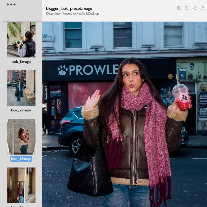 Blogger Lightroom preset variations preview showing moody urban edits across different portraits, lighting, and city scenes