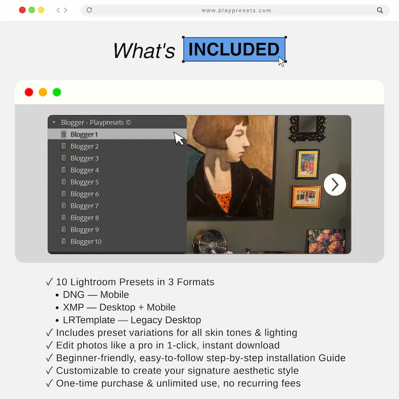 What’s included in Blogger Lightroom presets collection showing 10 presets and files for mobile and desktop