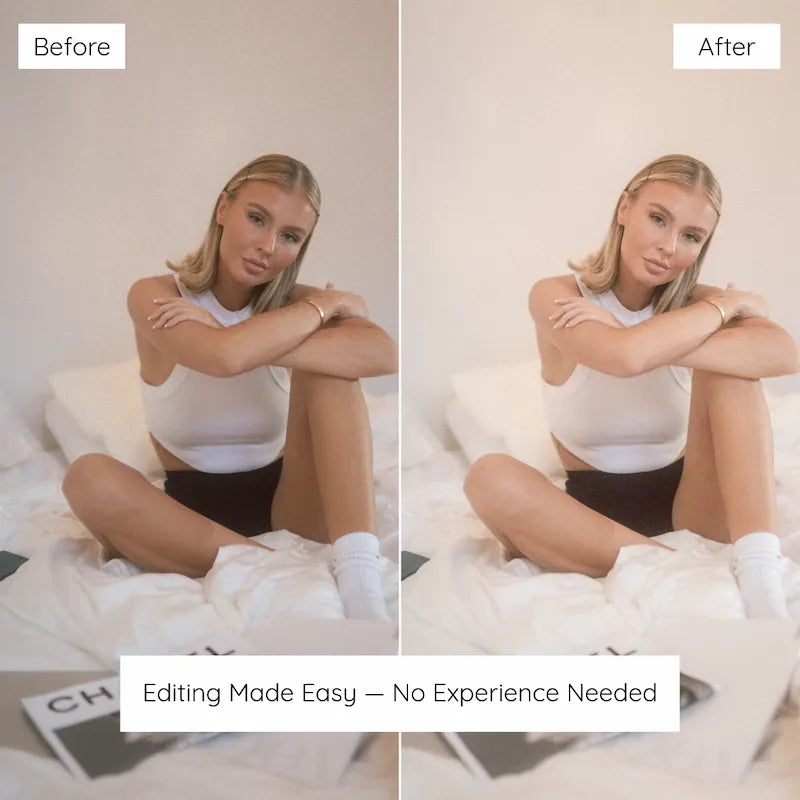 Before and after portrait edited with Bright & Airy Lightroom presets showing luminous exposure, soft whites, and natural skin tones