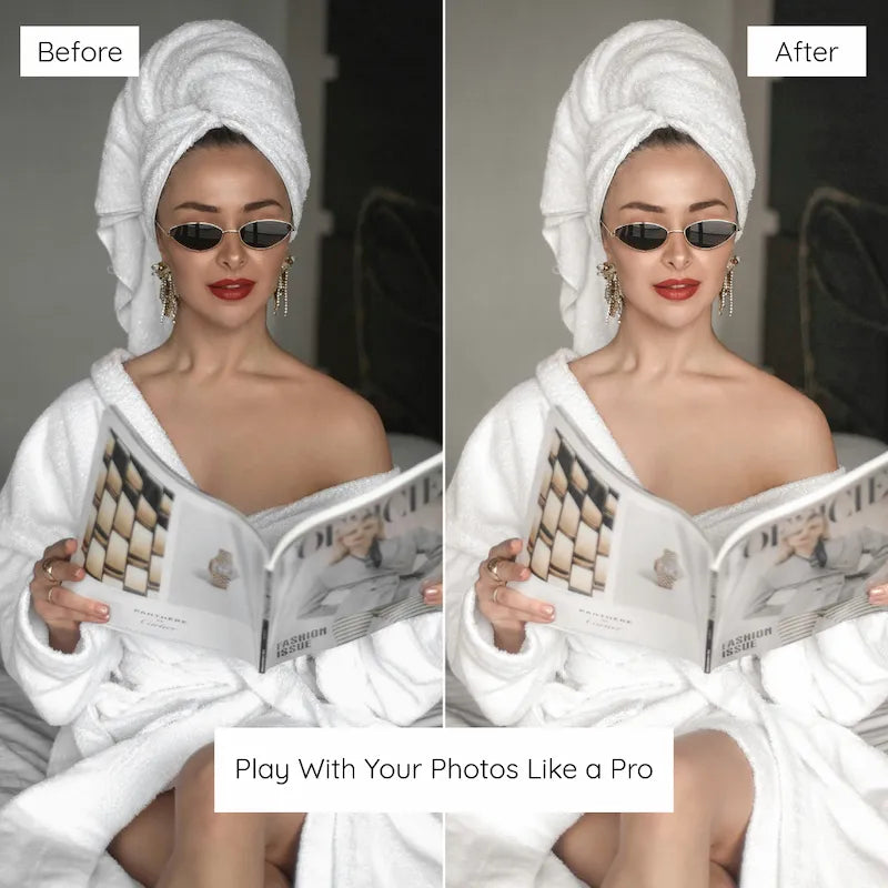 Before and after beauty portrait edited with Bright & Airy Lightroom presets featuring clean whites and soft polished highlights