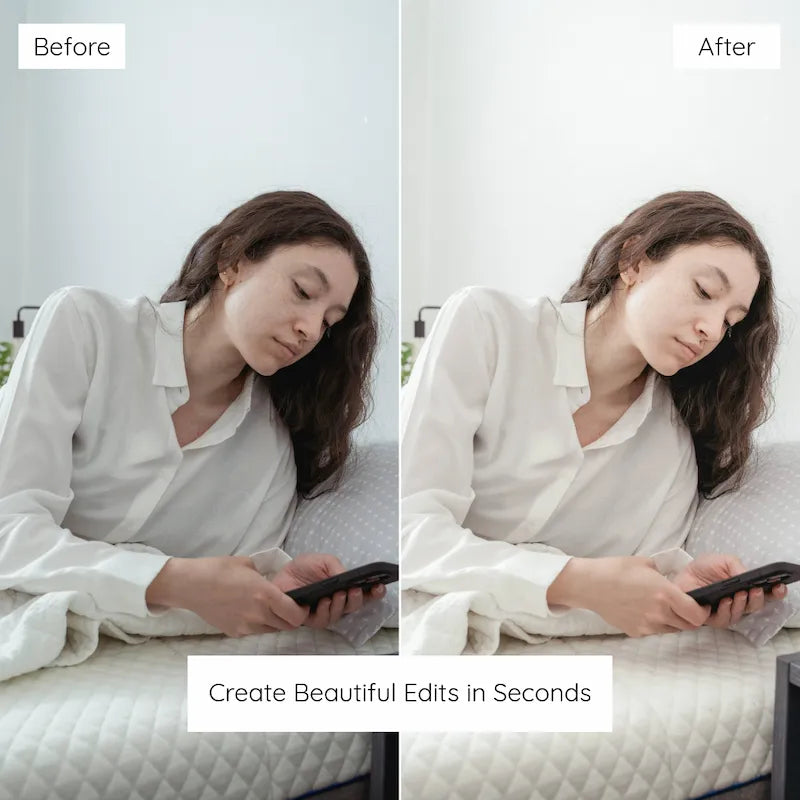 Before and after indoor lifestyle photo edited with Bright & Airy Lightroom presets for gentle contrast and luminous neutral tones