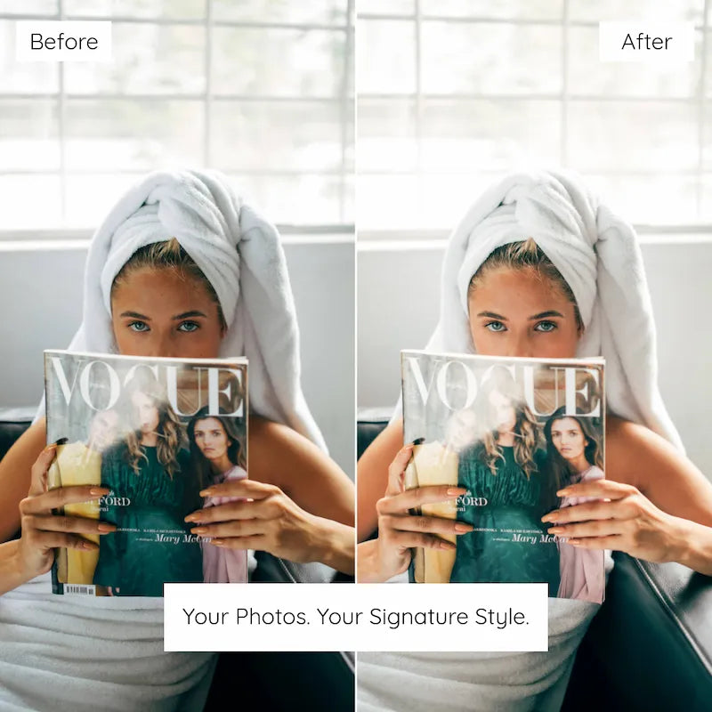 Before and after lifestyle portrait edited with Bright & Airy Lightroom presets showing soft highlights and natural-looking skin tones