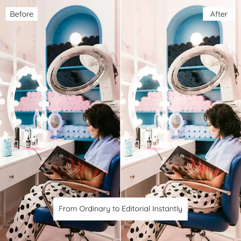 Before and after bright interior photo edited with Bright & Airy Lightroom presets featuring clean whites and light-filled neutral tones